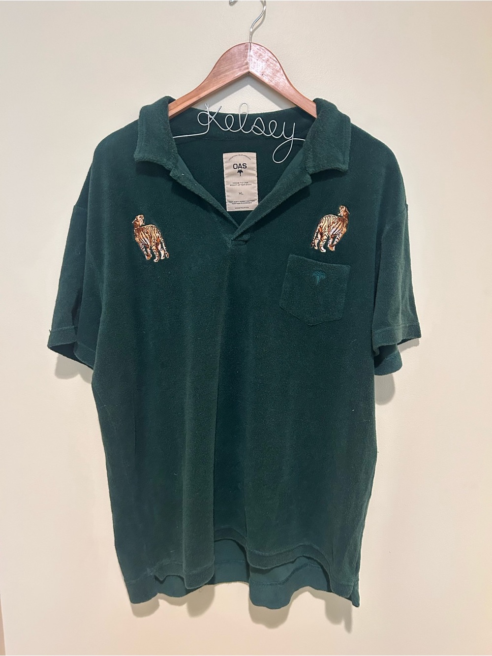 OAS Deep Green Terry Polo with Embroidered Tiger Accents 100% Cotton Size XL
